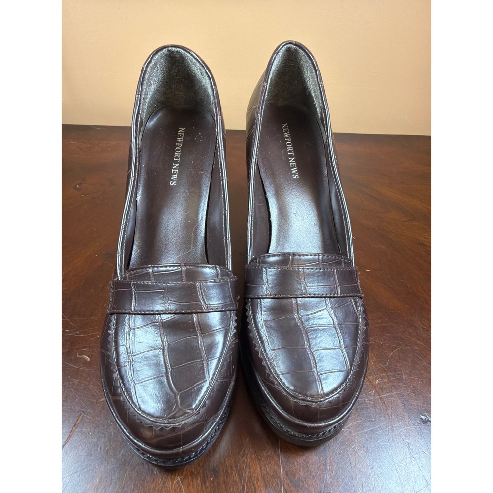 Newport News Womens Dark Brown Croc‎ Embossed Platform Loafer Block Heels